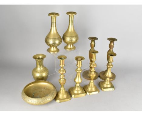 A Collection of Various Brass to Comprise Candlesticks, Indian Nielo Bottle Vases and Bowl and a Brass Chinese Vase 