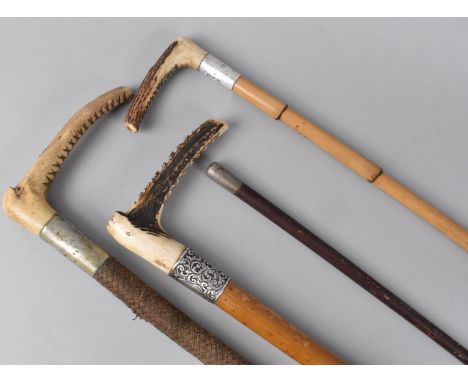 A Collection of Three Riding Crops to include Silver Mounted Malacca Example with Antler Handle by John Smith and Sons, Londo