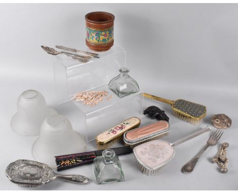 A Collection of Various Sundries to include Dressing Table Brushes, Glass Light Shades Etc 