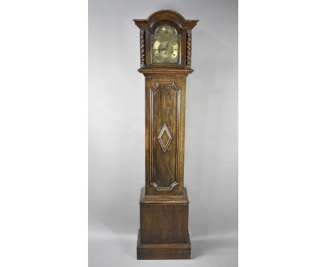 A Mid 20th Century Oak Grandmother Clock with Brass Tempus Fugit Arched Dial, Westminster Chime Movement, Complete with hood 