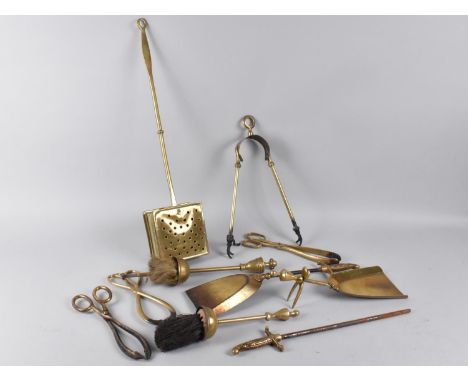 A Collection of Various Brass Fire Tools, Roaster Etc 