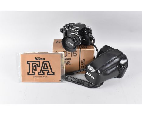 A Nikon FA SLR Camera in Black with Instruction Manual and Motor Drive 