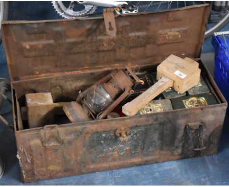 A Vintage Ammunition/Tool Box Containing Various Vintage Items to Comprise Mallets, Oil Lamp etc 