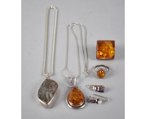 A Collection of Amber and other Semiprecious Stone Mounted Silver Jewellery to Comprise Earrings, Moss Agate Pendant on Chain