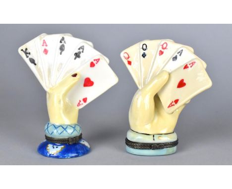 Two Mid 20th Century Novelty Ceramic Boxes in the form of Hands Holding High Scoring Poker Cards, 9.5cms High 