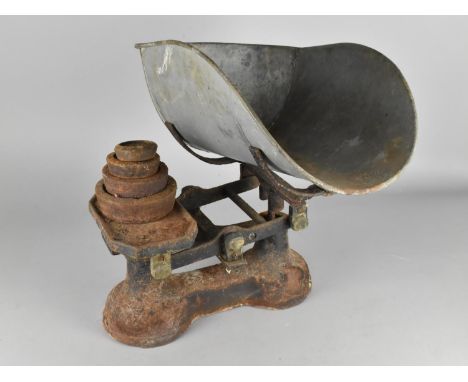 A Vintage Set of Cast Metal Based Vegetable Scales with Galvanized  Iron Pan and Graduated Set of Four Weights 