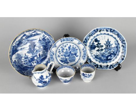 A Collection of Chinese Qing Dynasty Blue and White Porcelain to Comprise Dishes, Jug, Tea Bowl and a Coffee Can (Various Con