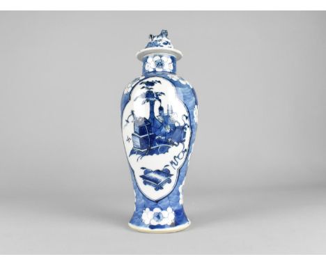 A Chinese Late Qing Dynasty Porcelain Blue and White Baluster Vase Decorated with "Hundred Antiques" Cartouches on Prunus Gro