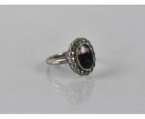 A Vintage Blue John and Marcasite Mounted Ring, Central Stone in Rub Mount 10mm by 7mm to a Polished SIlver Band Stamped to t