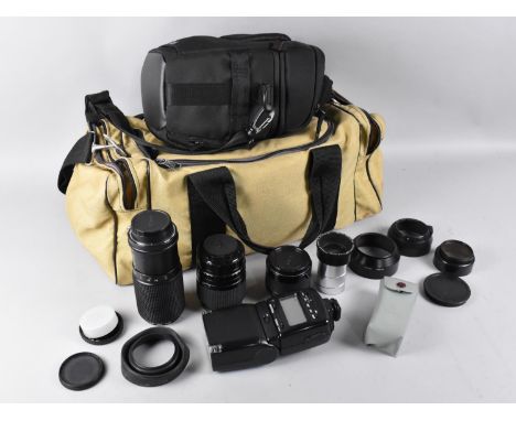 A Collection of Various Camera Bags together with Hanimex 135mm Lens, Mitsuki 80-200mm Lens, Flash Gun and Nikon Teleconverte