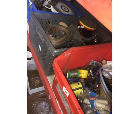 3 boxes of various tools to include vice, leads, webbing, pipe fittings, straps, etc 
