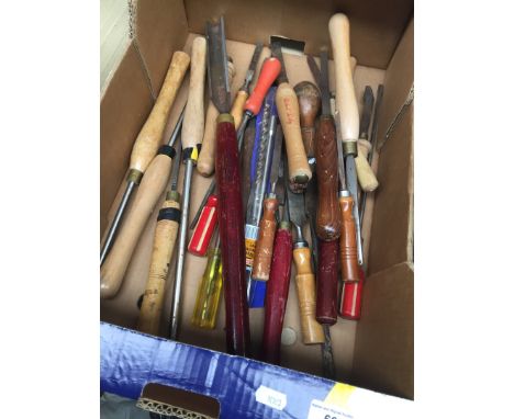 A box of various woodworking tools to include chisels, etc - mainly for lathe usage 