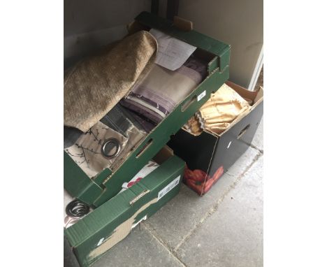Three boxes of curtains with tie backs, hooks and measurements 
