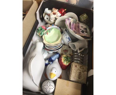 A box of misc ceramics to include ornaments, saucers, etc 