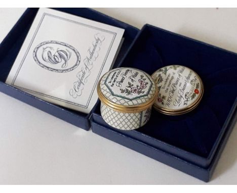Two Halcyon Days enamel pill boxes, one with box. 