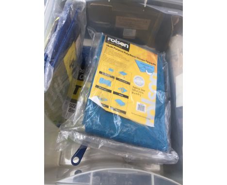 A box of car related items, nuts, bolts and nails cases and 2 multi purpose polythene woven tarpaulin 