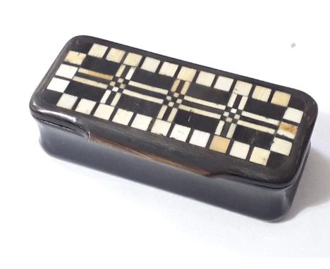 A 19th century parquetry inlaid horn snuff box. 