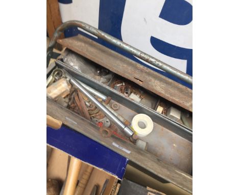 A metal toolbox containing various tools 