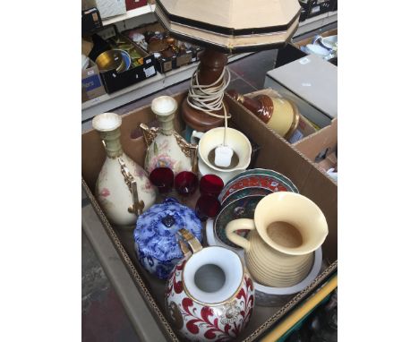 Box of pottery etc. and a lamp 