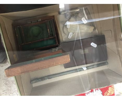 A mixed lot comprising a Victorian jewellery box, a thermometer, drawing instruments etc. 