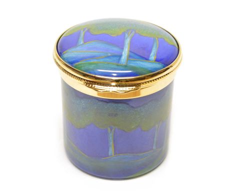 Moorcroft Enamel cylindrical box decorated in Moonlit Blue Moorcroft Enamels cylindrical box and hinged cover decorated in Mo