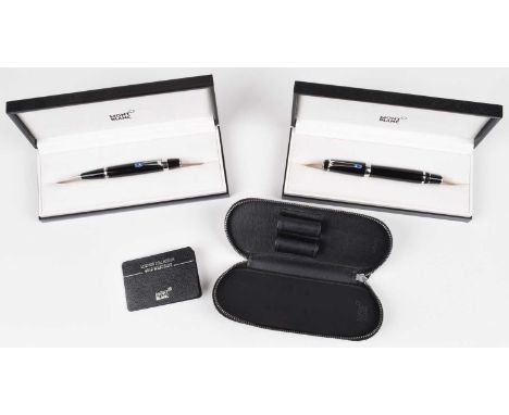 Two Montblanc Boheme pens and a leather Montblanc case (3). A Montblanc Boheme Bleu Rollerball Pen, the cap twists to operate