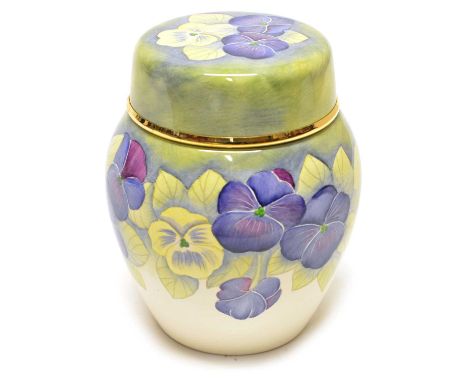 Moorcroft Enamel ginger jar decorated in Pansy pattern Moorcroft Enamels ginger jar and lid decorated in Pansy pattern, print