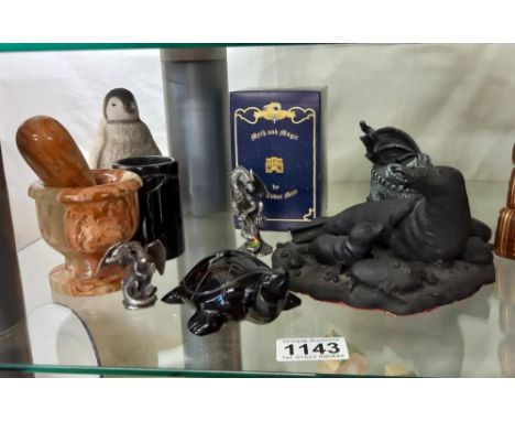 A quantity of Myth &amp; Magic dragons &amp; other items including pestle &amp; mortar