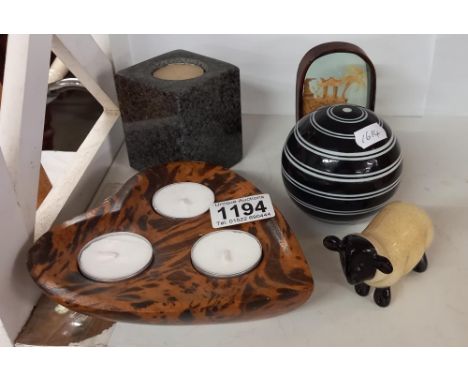 An antique glass sheep Chinese carved cork display, &amp; tea light stands etc