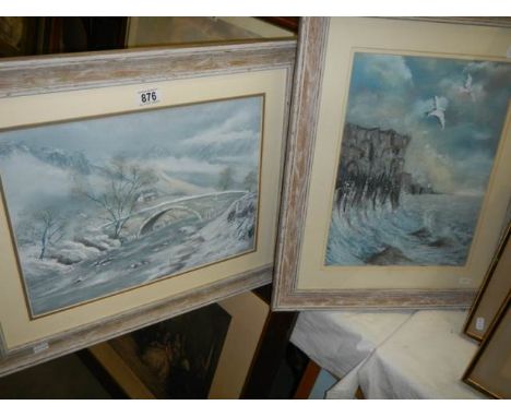 A framed and glazed watercolour winter scene signed B McDermot and a seascape, COLLECT ONLY.