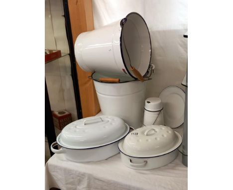 A good lot of enamel ware includes pails &amp; roasting tins
