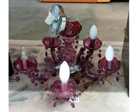 An ornate amethyst glass 5 arm chandelier ceiling light COLLECT ONLY