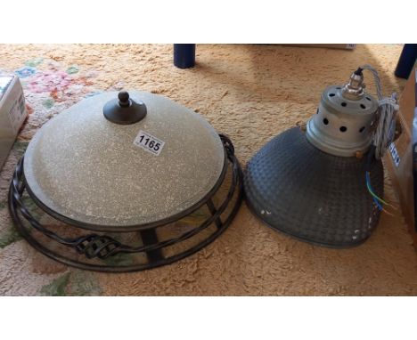 A wrought iron &amp; glass ceiling light &amp; vintage industrial ceiling lamp shade with fittings COLLECT ONLY