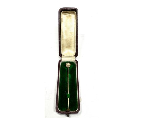15ct gold head rose diamond &amp; pearl stick pin 9ct gold pin boxed weight 2g 