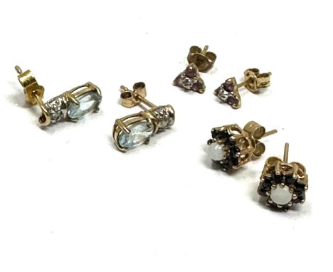 3 X 9ct Gold Vintage Topaz, Blue And Pink Sapphire, Opal, And Diamond Stud Earrings (3.8g) 