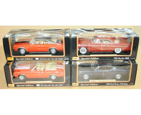 Maisto - a boxed group of 1:18th Scale Cars to include 1972 Chevrolet Chevelle "SS454", 1969 Ford Torino Talladega and others