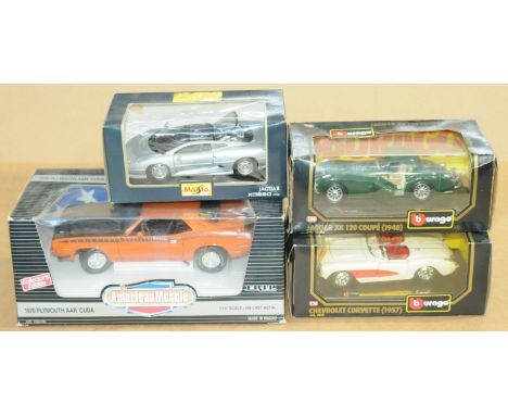 Ertl, Bburago &amp; Similar - a boxed group to include Ertl 1970 Plymouth AAR'CUDA, Bburago No.1524 1957 Chevrolet Corvette a