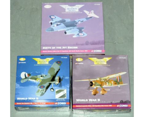 Corgi a boxed Aviation Archive 1/72 scale group to include AA36801 Westland Lysander MK.II, AA36202 Gloster Sea Gladiator Mk.