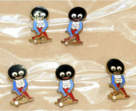 Robertson's golly Hockey Player vintage badges: (1) &amp; (2) impressed REV GOMM FREDERICK ST B'HAM, Dodds reference 45b; (3)