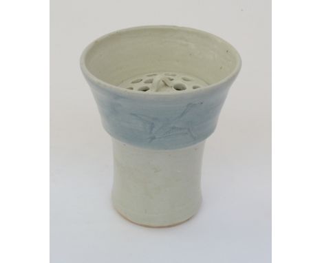 John BEDDING (1947)Porcelain covered vase, Ying Ching glaze with cobolt band and incised stork patternJB and Leach stamp Made