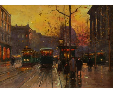 Édouard Leon CORTES (1882-1969)Trams, Rue de Madeleine, ParisOil on wood panel Signed Label numbered 1657 to the back 15.5 x 