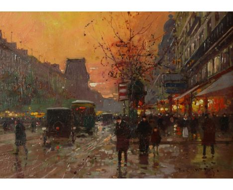 Édouard Leon CORTES (1882-1969)Cars, Porte-Saint-Denis ParisOil on wood panel Signed Label numbered 1757 to the back 15.5 x 2