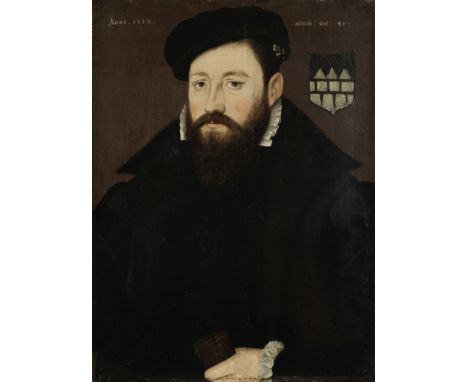 Netherlandish School, 16th CenturyPortrait of Richard Reynell MP, half-length, in black costume holding gloves bears date and