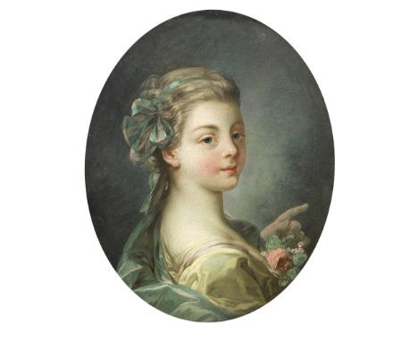 Pierre Alexandre Wille (Paris 1748-1837)Portrait of a girl holding a posy of flowers oil on canvas, oval56.3 x 45.5cm (22 3/1
