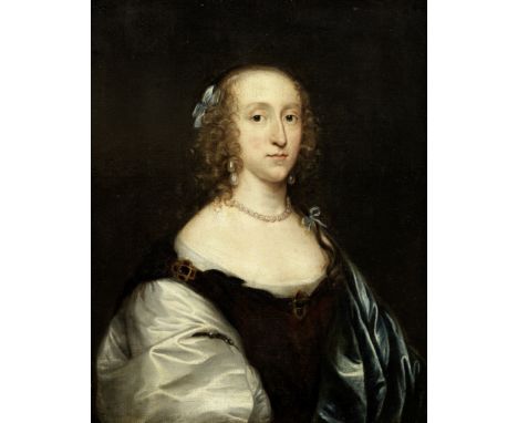 Follower of Sir Anthony van Dyck (Antwerp 1599-1641 Blackfriars)Portrait of a lady, half-length, in a brown dress and blue wr