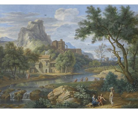 Bernard Lens III (London 1682-1740)An Italianate landscape with figures on a track by a river and fishermen drawing in a net 