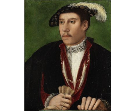 Follower of Bernaert van Orley (Brussels 1488-1541)Portrait of a gentleman, half-length, in a plumed hat oil on panel35.4 x 2