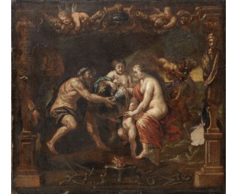 Manner of Sir Peter Paul Rubens, 18th CenturyThetis receiving the arms of Achilles from Vulcan oil on canvas48.6 x 55.2cm (19