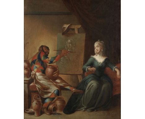 Giovanni Domenico Ferretti (Florence 1692-1768)Harlequin painting a portrait oil on canvas84.7 x 68.8cm (33 3/8 x 27 1/16in).