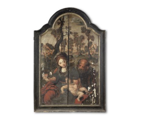 Follower of Pieter Coecke van Aelst (Aelst 1502-1550 Brussels)The Rest on the Flight into Egypt oil on panel, shaped top89.2 